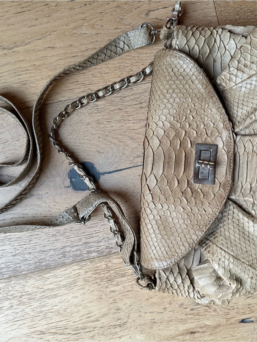 Beige real Python Chain Shoulder Bag - Picture 2 of 7